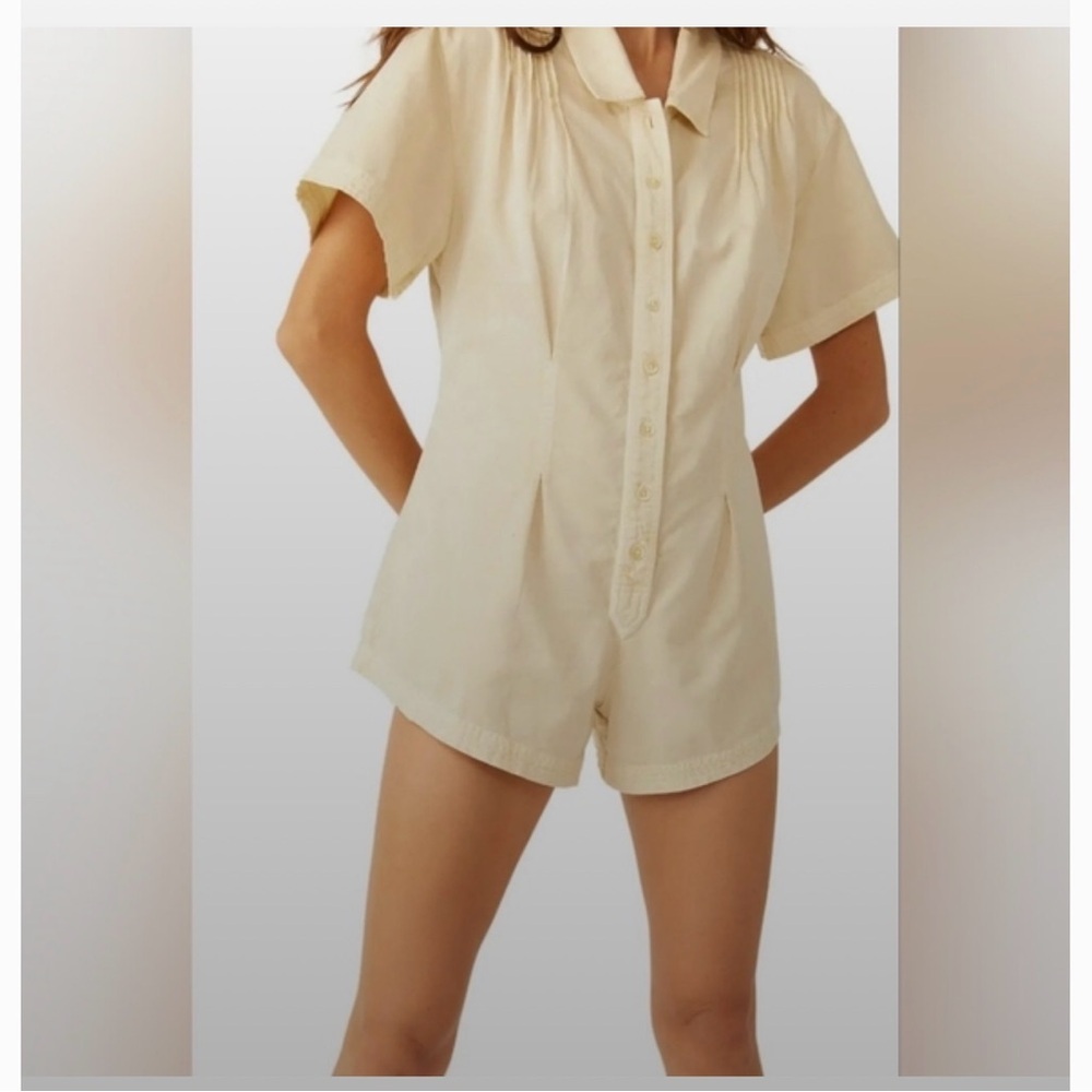 Boho Free People Cream Short-Sleeve Button-Front Romper with Tie Waist
